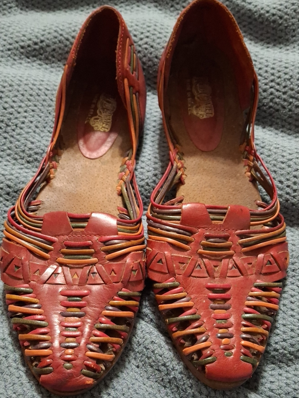 Red Camel Red Woven Leather Flats with Multicolor Straps